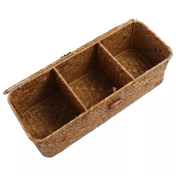  Woven 3-Compartment Storage Box with Hinged Lid TR_NCV045 