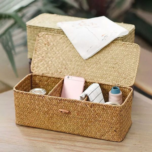  Woven 3-Compartment Storage Box with Hinged Lid TR_NCV045 