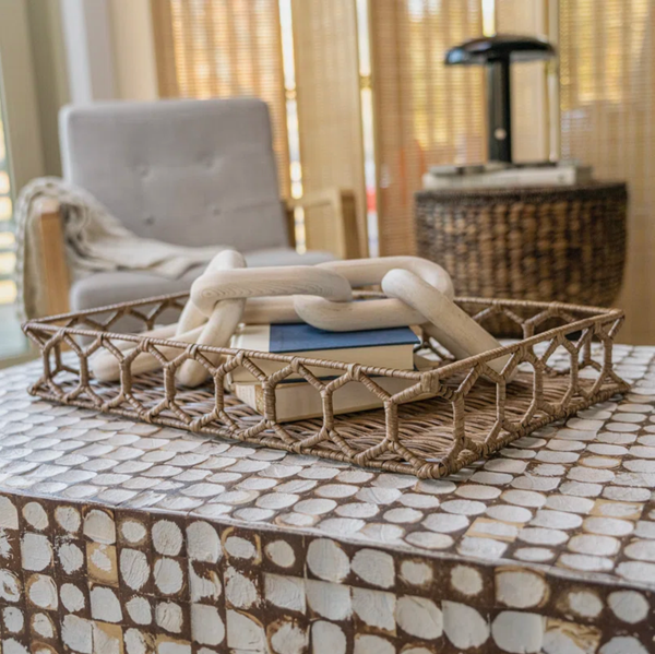  Rectangular Rattan Serving Tray with Lattice Weave - TR_NCV036 