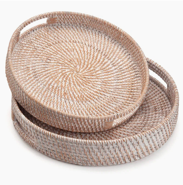  Set of 2 Round Rattan Serving Trays with Cutout Handles - TR_NCV038 
