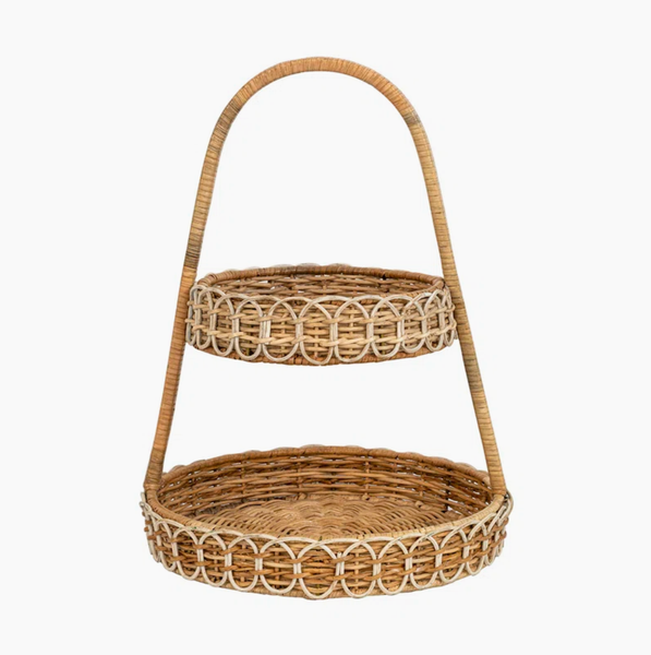  2-Tier Rattan Serving Basket Stand with Handle - TR_NCV039 