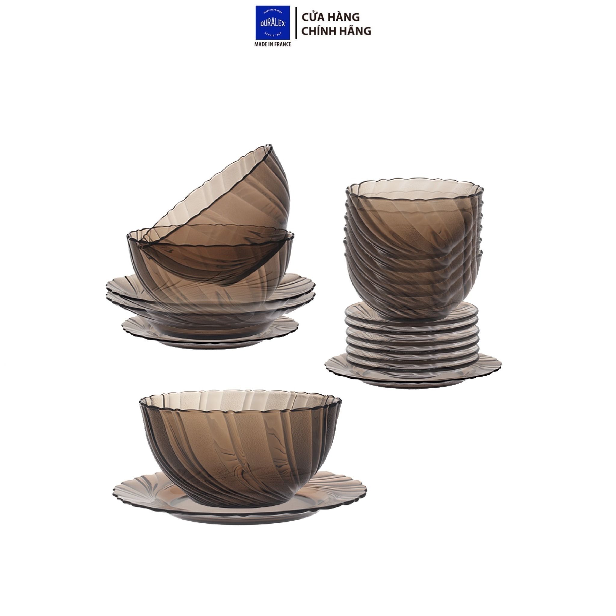  Bộ bàn ăn 20 món D7020BC Duralex - Beau Rigave nâu khói Sepia Thủy tinh cường lực cao cấp Pháp 