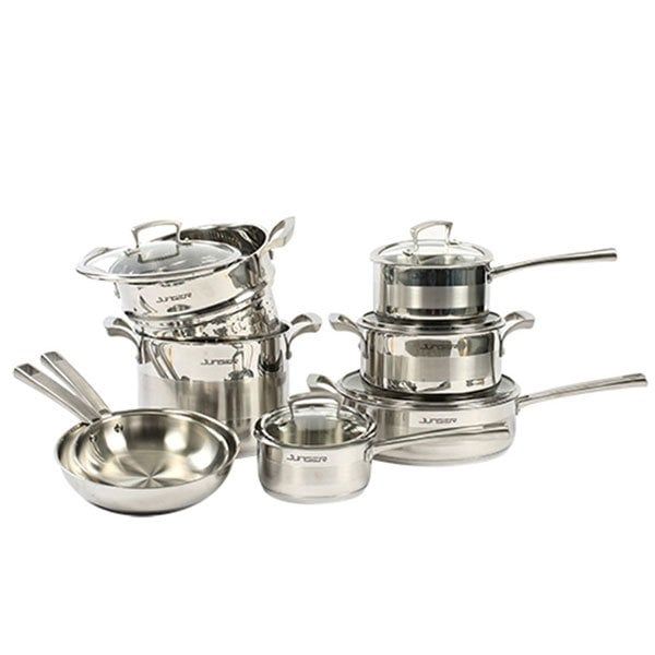 Bộ nồi inox Junger JC100 chất liệu thép không gỉ đáy nồi 5 lớp theo tiêu chuẩn châu Âu giúp hấp thu và truyền nhiệt cực nhanh