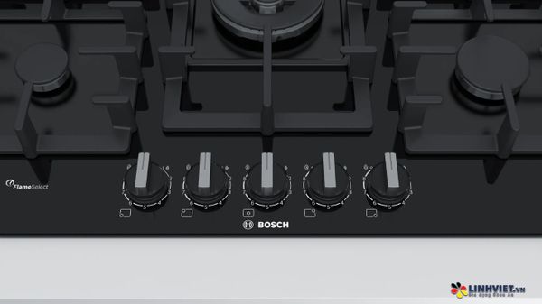 Bếp gas Bosch PPQ7A6B90 5 lò nấu Kính Schott Ceran Núm vặn FlameSelect 9 mức nhiệt Ngắt gas tự động