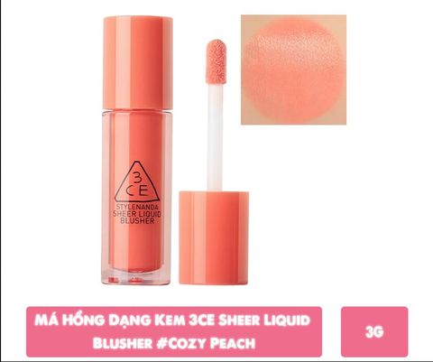3CE_Má Hồng Dạng Kem Sheer Liquid Blusher 3g #Cozy Peach