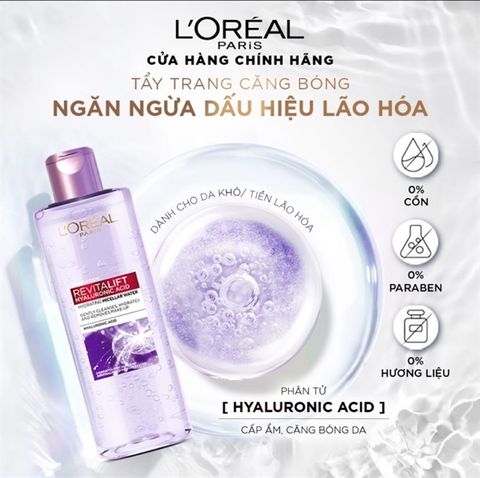 L'ORÉAL_Nước Tẩy Trang Nắp Tím Căng Mịn Da Revitalift Hyaluronic Acid Hydrating Micellar Water 400ml