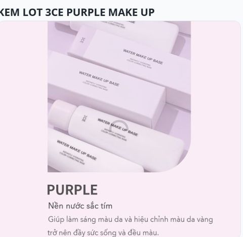 3CE_Kem Lót Water Make Up Base #Purple 45ml