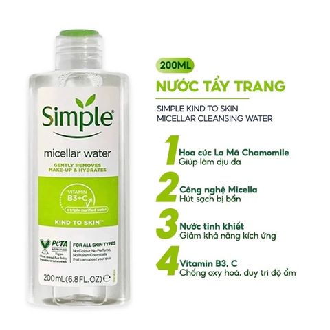 SIMPLE_Nước Tẩy Trang Kind To Skin Micellar Cleansing Water 200Ml