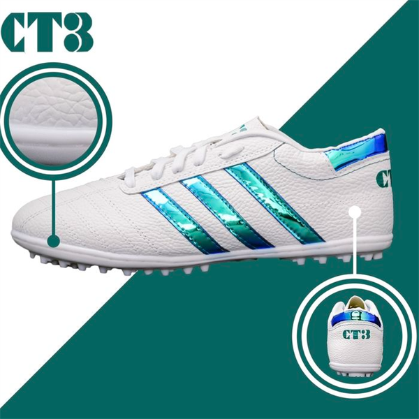 Giày ba sọc CT3 DA NHĂN - trắng - sọc xanh lá