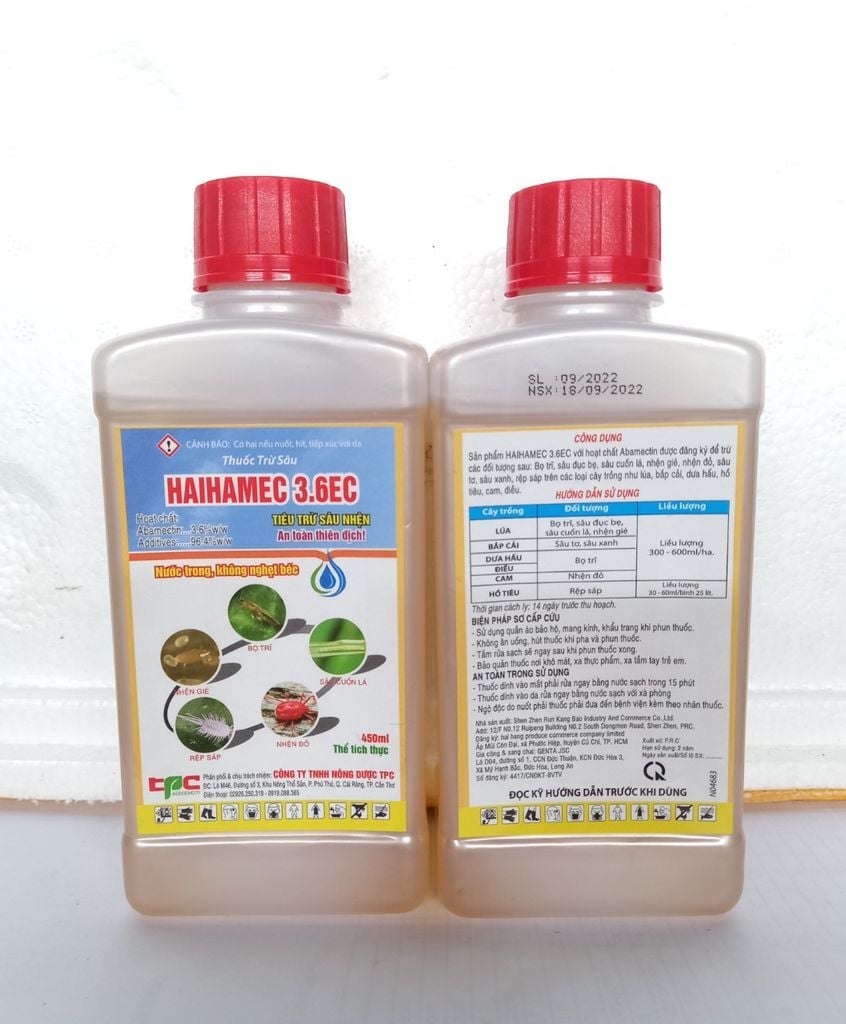 Thuốc trừ sâu Haihamec 3.6EC - Abamectin 3.6 nước trong 450ml: Sâu cuốn lá, bọ trĩ, nhện gié, Sâu phao đục bẹ, nhện đỏ, rệp sáp