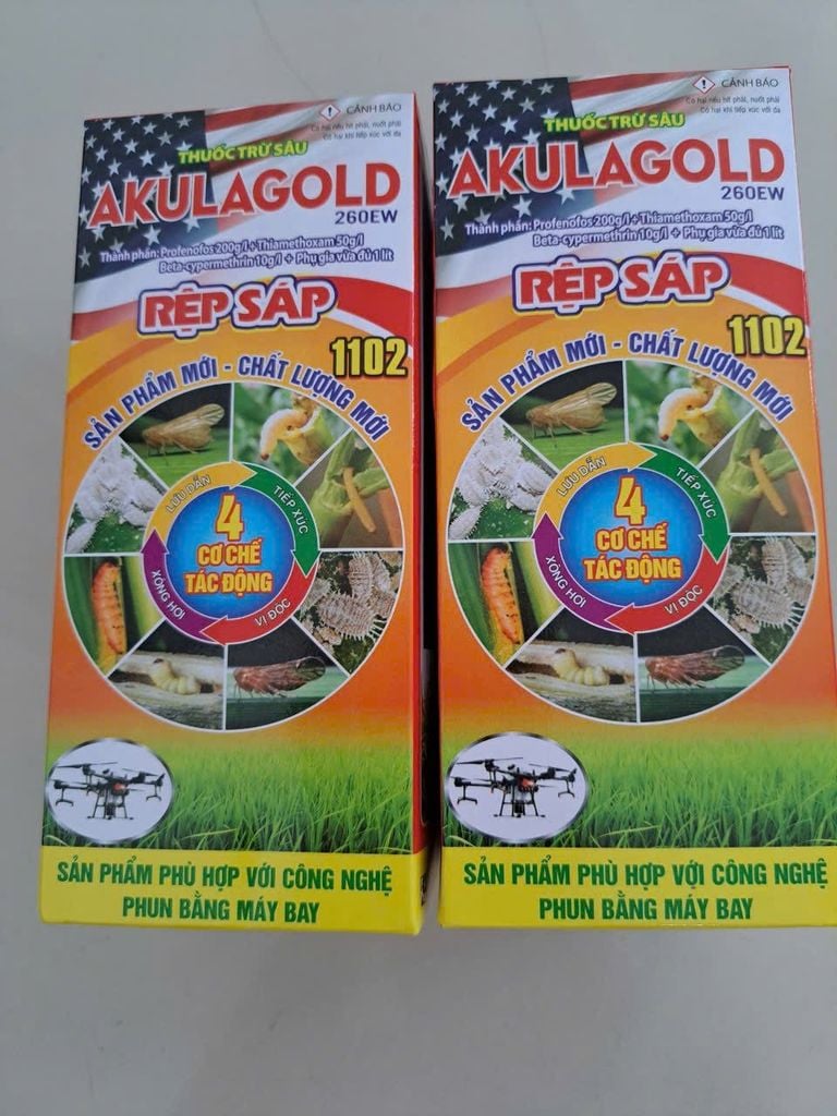 (450ml) Akulagold 260EW:  trừ sâu đục thân, muỗi hành,  rầy phấn trắng lúa, bọ trĩ gây hại lúa