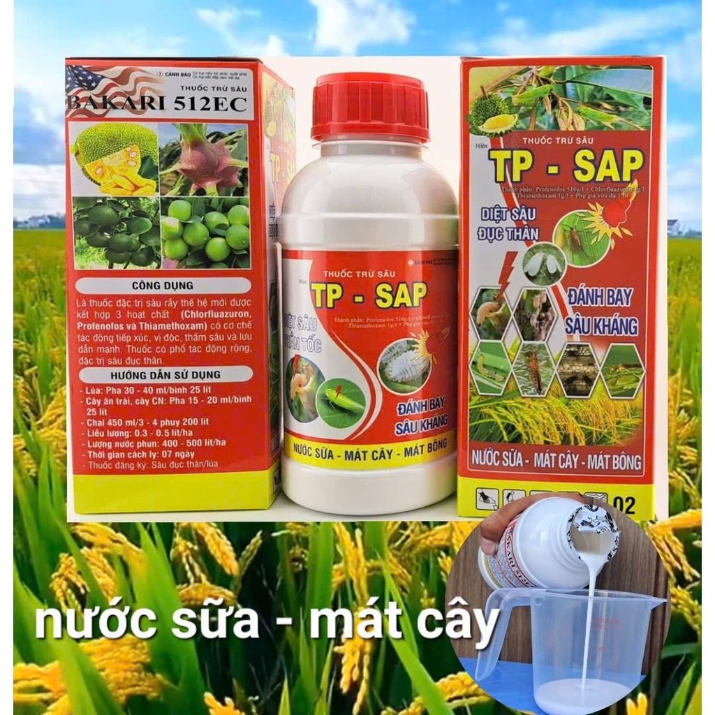 Bakari 512EC, TP SAP 512: Diệt trừ sâu đục thân lúa, sâu cuốn lá lúa, bọ trĩ, bọ xít, rầy phấn trắng, sâu phao đục bẹ, sâu keo, sâu đàn