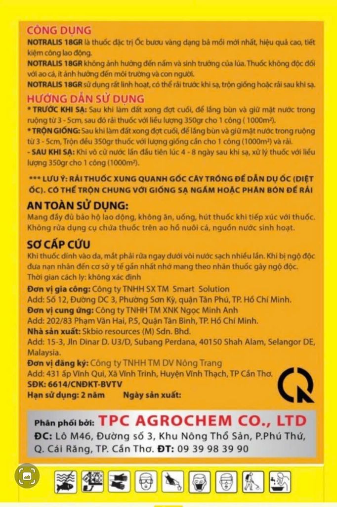 ((800gam) trừ ốc bưu vàng hại lúa Notralis 18gr - Hiệu: bù kẹp thái, dạng hạt rải, Trừ ốc sên, có mùi thơm dẫn dụ ốc, 1 gói rải 2,000m2