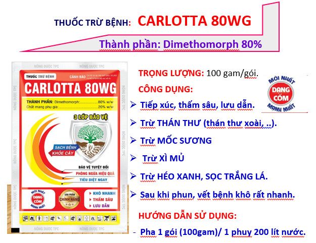 (Gói 100gam) carlotta 80wg 100g - dimethomorph 80%: rửa bông, rửa trái xoài, sầu riêng, trừ thán thư, mốc sương, héo xanh, sương mai dưa hấu