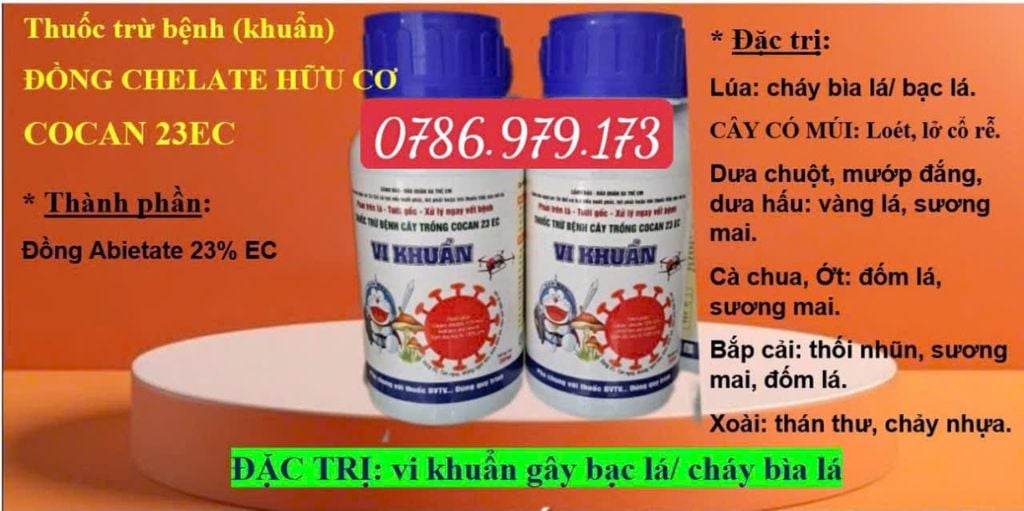 (200ml) Thuốc trừ bệnh Cocan 23EC gốc đồng chelate hữu cơ, Đồng Abietate 23% EC: trị Cháy bìa lá lúa, Loét vi khuẩn cây có múi, Sương mai dưa hấu, đốm lá