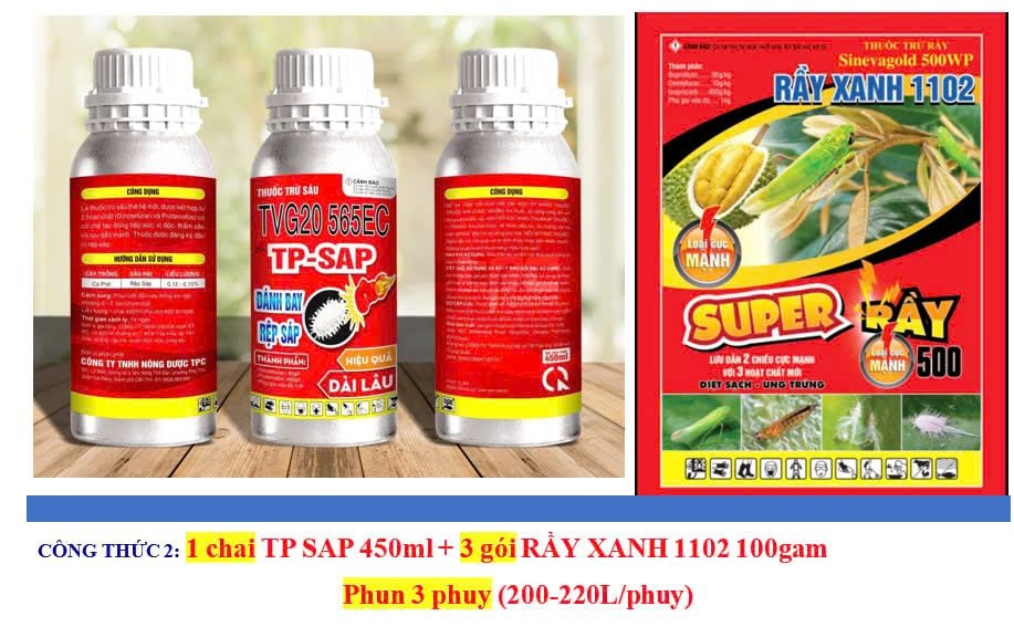 combo trừ rệp sáp, rầy mềm, diệt kiến, rầy phấn trắng, bọ trĩ, côn trùng chích hút gây hại sầu riêng