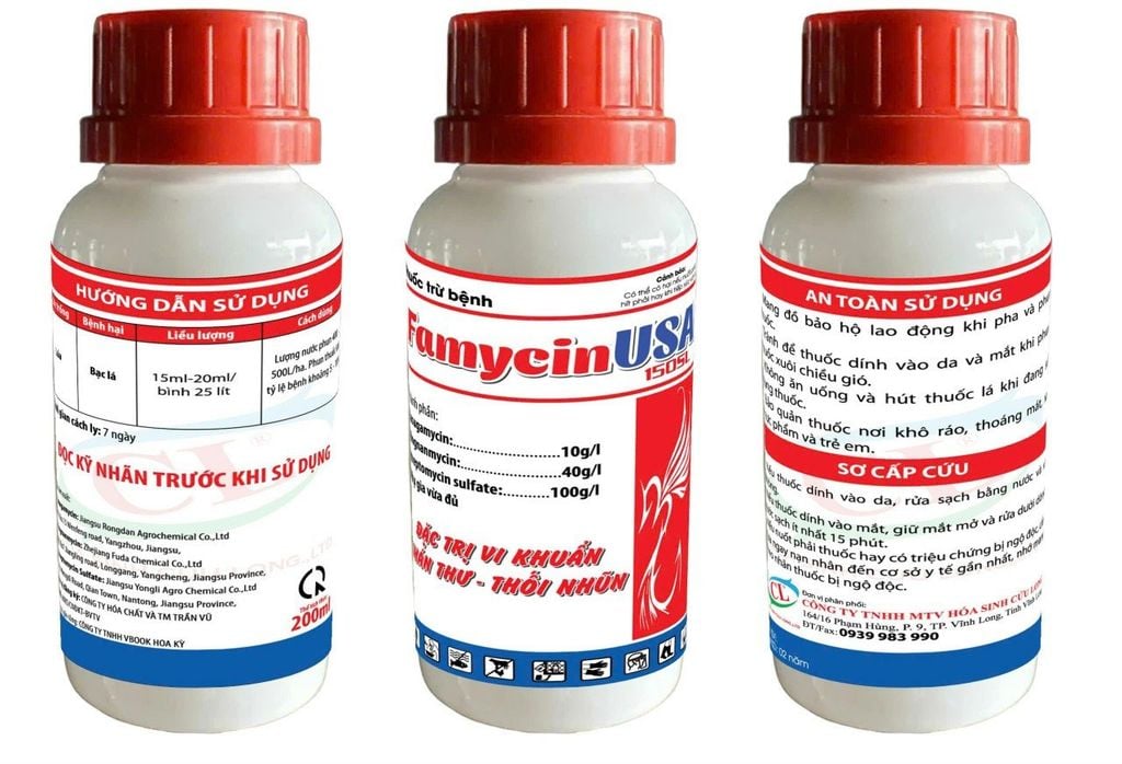 Famycin usa 150SC (15ml và 200ml): Đặc trị vi khuẩn gây thối nhũn, Thán thư - thối cuống, thối trái, thối nhũn, bạc lá, cháy bìa lá