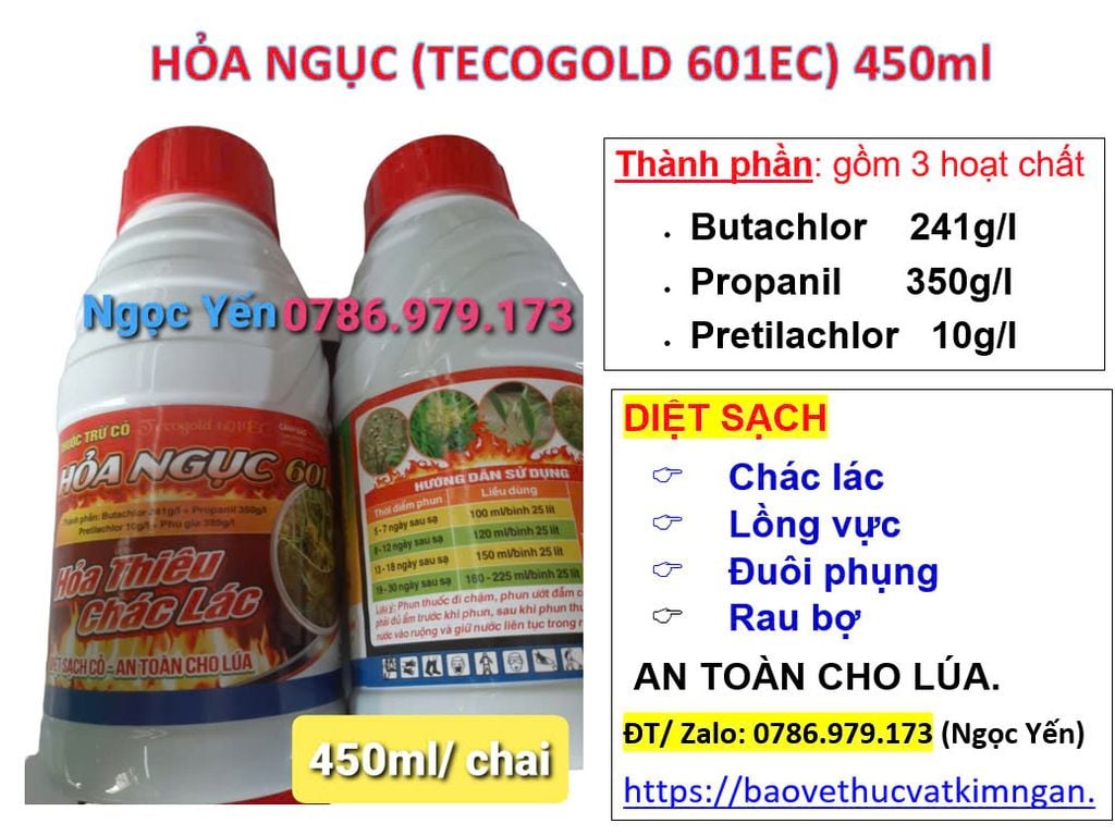 Hỏa ngục 450ml, TECOGOLD 601EC: Đặc trị cỏ chác lác, cỏ đuôi phụng, cỏ lồng vực, cỏ chác, cỏ lác, rau mác, rau bợ…..