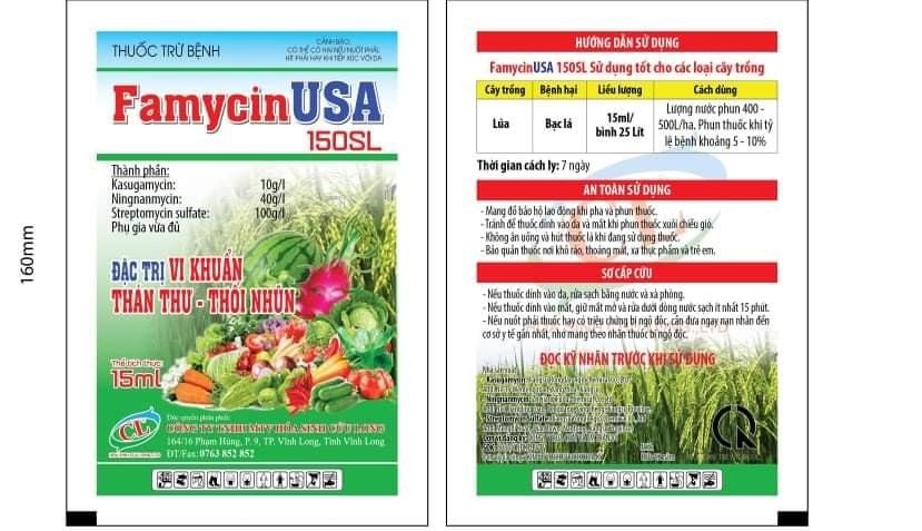 Famycin usa 150SC (15ml và 200ml): Đặc trị vi khuẩn gây thối nhũn, Thán thư - thối cuống, thối trái, thối nhũn, bạc lá, cháy bìa lá