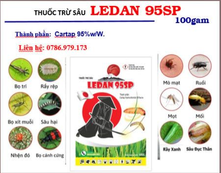 Gói Ledan 95SP 100gam, cartap nhật 100g, Cartap Hydrochloride 95%: rầy xanh sầu riêng, sâu đục thân, ruồi, bọ trĩ, bọ cánh cứng