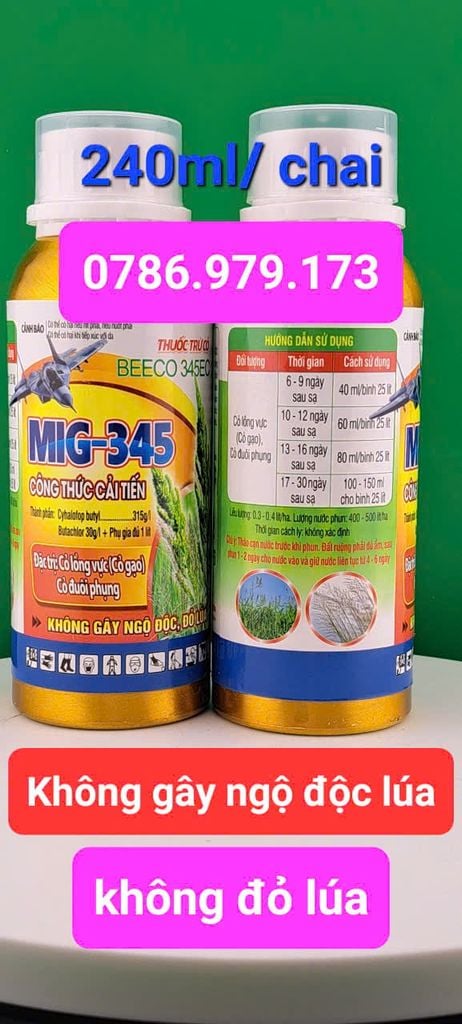 Thuốc trừ cỏ hậu nảy mầm MIG 345, Beeco 345 240ml: đặc trị cỏ lồng vực, cỏ gạo, cỏ đuôi phụng, KHÔNG ĐỎ LÚA