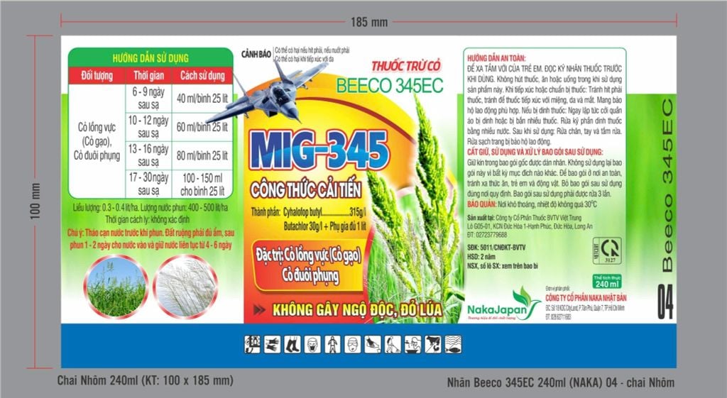 Thuốc trừ cỏ hậu nảy mầm MIG 345, Beeco 345 240ml: đặc trị cỏ lồng vực, cỏ gạo, cỏ đuôi phụng, KHÔNG ĐỎ LÚA