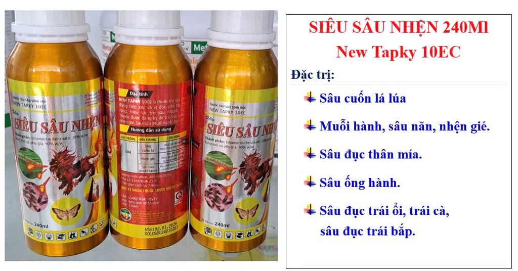 (240ml) Thuốc trừ sâu New Tapky 10EC, hiệu Siêu Sâu Nhện 240m: đặc trị sâu cuốn lá lúa, nhện gié, muỗi hành, sâu đục trái, sâu đục thân