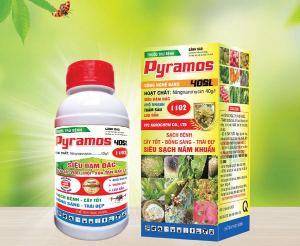 PYRAMOS 40SL 1102 450ml: phòng trừ thán thư, mốc sương, thối trái, ghẻ trái, sơ đen mít, bạc lá