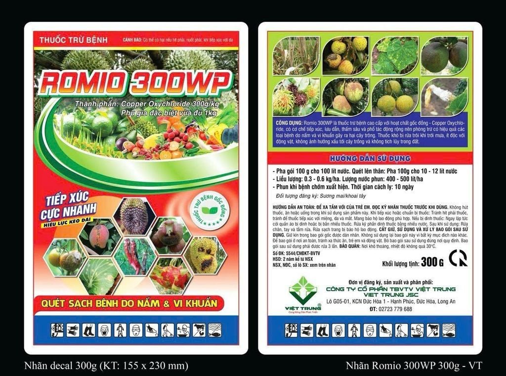 (300gam)Thuốc trừ bệnh gốc đồng Romio 300WP : Copper Oxychloride: trị rỉ sắt, nấm hồng, tảo đỏ, mốc sương, đốm lá