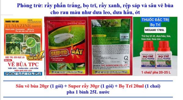Đặc trị rầy phấn trắng, bọ trĩ, rầy xanh, rệp sáp và sâu vẽ bùa, dòi đục lá cho rau màu như dưa leo, dưa hấu, ớt ...