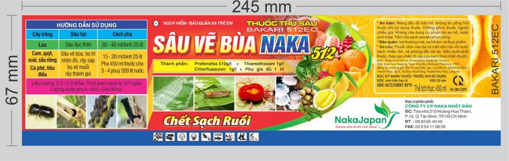 Sâu vẽ bùa NAKA 512EC 450ml, bakari 512EC: phòng trừ sâu vẽ bùa, sâu đục thân, nhện đỏ, rệp sáp, bọ xít muỗi, sạch ruồi.