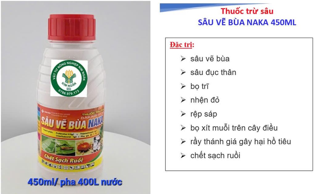 Sâu vẽ bùa NAKA 512EC 450ml, bakari 512EC: phòng trừ sâu vẽ bùa, sâu đục thân, nhện đỏ, rệp sáp, bọ xít muỗi, sạch ruồi.