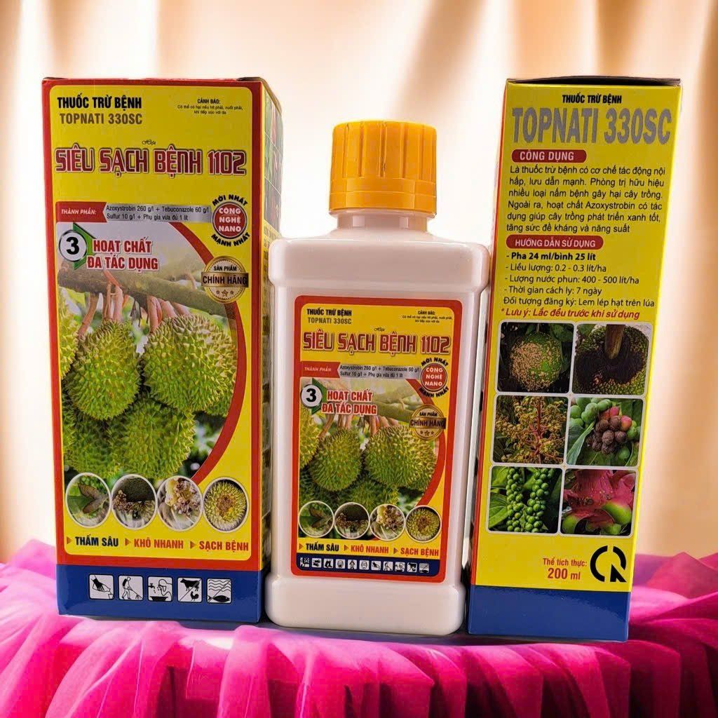 Combo (Famycin+siêu sạch bệnh 1102) thuốc phòng trừ bệnh thối cuống, thối trái, thối nhũn - bạc lá, cháy bìa lá trên cây ăn trái, trên sầu riêng