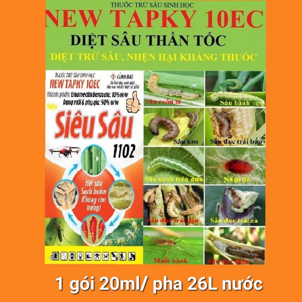 (sâu đục trái rau màu) Siêu sâu 1102 - New tapky 10ec: Phòng trừ sâu đục trái bắp, sâu đục trái cà chua, sâu đục quả cà tím, cà chua, sâu đục trái đậu