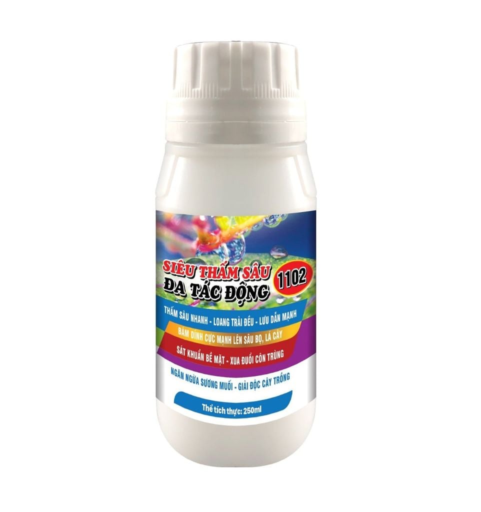 (250ml) SIÊU THẤM SÂU - ĐA TÁC ĐỘNG 1102: siêu thấm sâu, siêu trợ lực, loang trải đều, thấm sâu nhanh, bám dính cực mạnh lên sâu bọ, lá cây, sát khuẩn bề mặt - xua đuổi côn trùng, ngăn ngừa sương muối - giải độc cây trồng