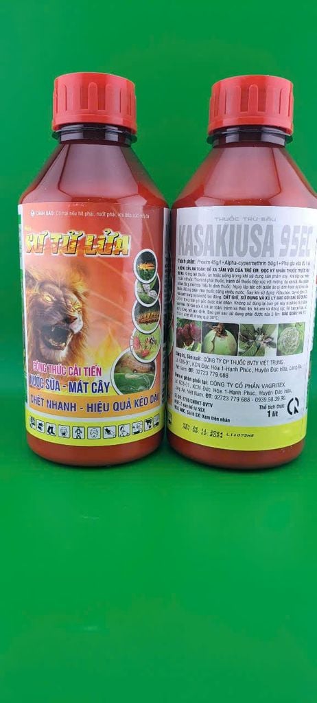 (1 Lít) Thuốc trừ sâu Kasakiusa 95EC - Sư Tử Lửa: nước sữa, mát cây, trị ruồi vàng, ruồi đục quả, sâu đục trái, sâu lông, bọ trĩ, sâu ăn lá