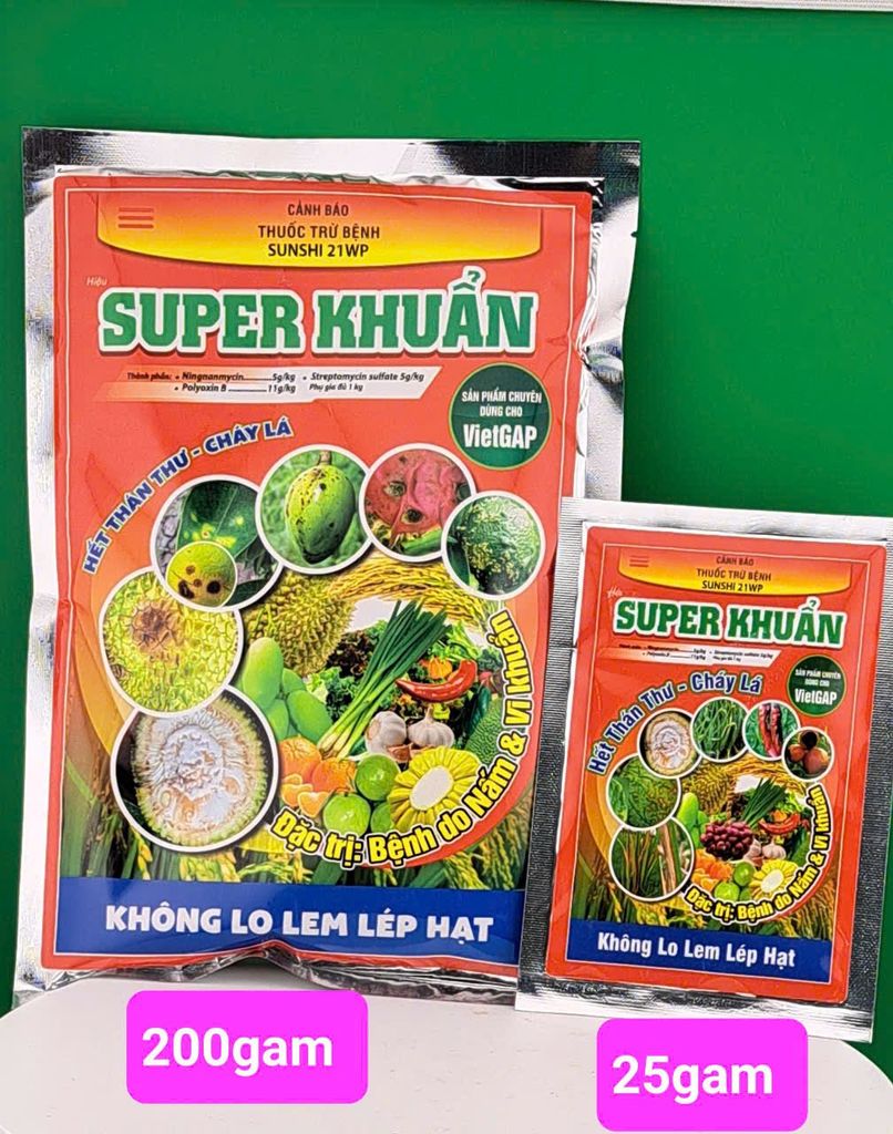 Super khuẩn 25gam và 200g: sunshi 21WP - chống sơ đen mít, không xì mủ trên mít - trừ thán thư, thối trái - trừ cháy lá