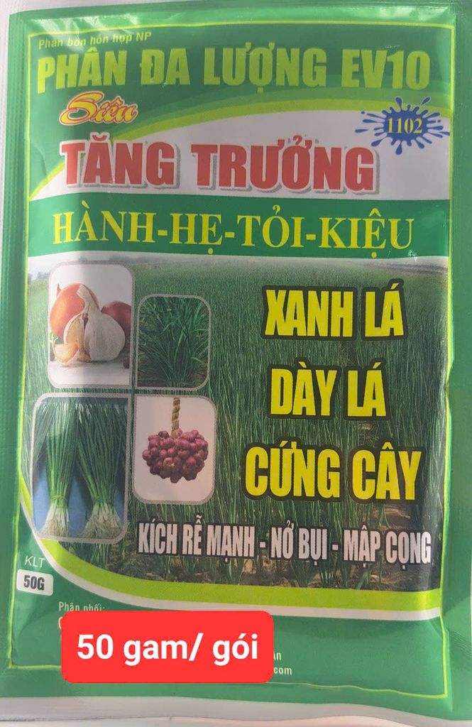 Phân bón đa lượng EV10: tăng trưởng hành lá, củ hành tím, tăng trưởng lá hẹ- TỎI - CỦ KIỆU 50gam