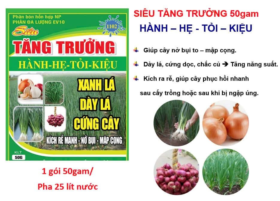 Phân bón đa lượng EV10: tăng trưởng hành lá, củ hành tím, tăng trưởng lá hẹ- TỎI - CỦ KIỆU 50gam