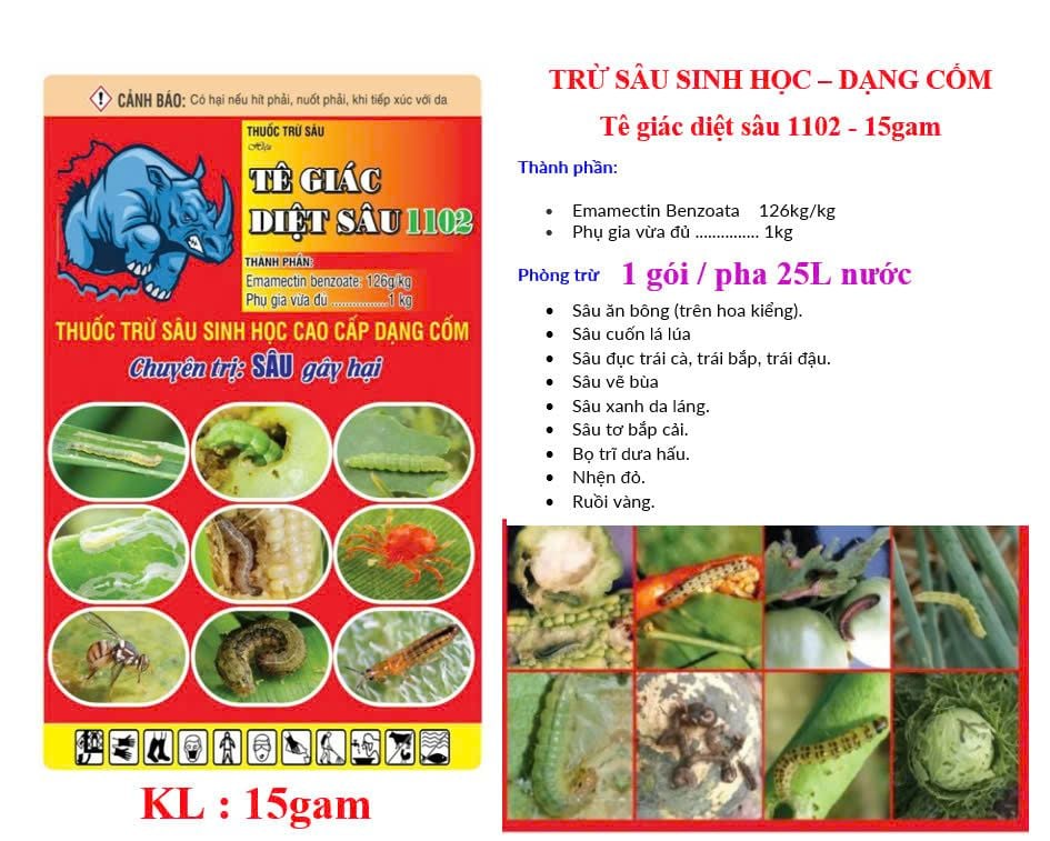Gói Tê Giác Diệt Sâu 70gam: trừ sâu sinh học dạng cốm NewMectin 126WG: trừ sâu ăn bông, sâu cuốn lá, sâu vẽ bùa, sâu đục trái cà, trái ớt, trái bắp, sâu xanh da láng