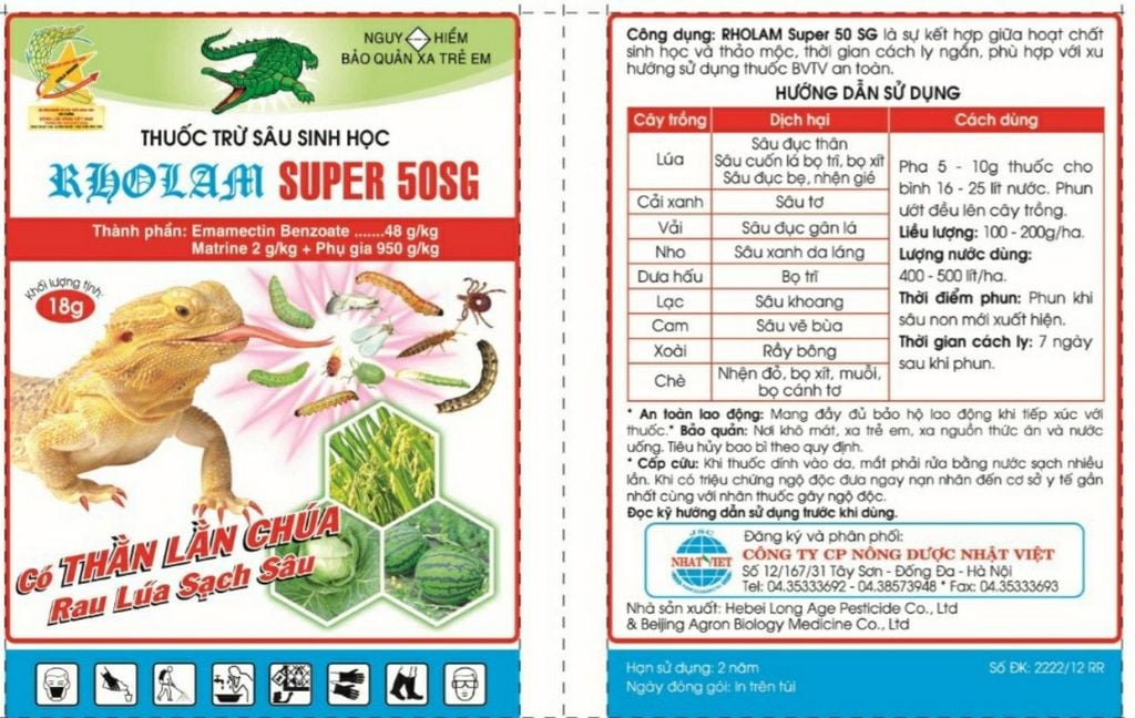 RHOLAM SUPER 18g, thằn lằn chúa 18gr và 100gr: trừ sâu đục bẹ, sâu tư, sâu đục gân lá, sâu xanh da láng, sâu vẽ bùa