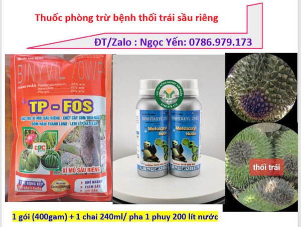 Combo Phòng trừ bệnh thối trái sầu riêng - pha 200L nước, Metalaxyl nước, BINYVIL 70WP - Mancozeb + Fosetyl-aluminium