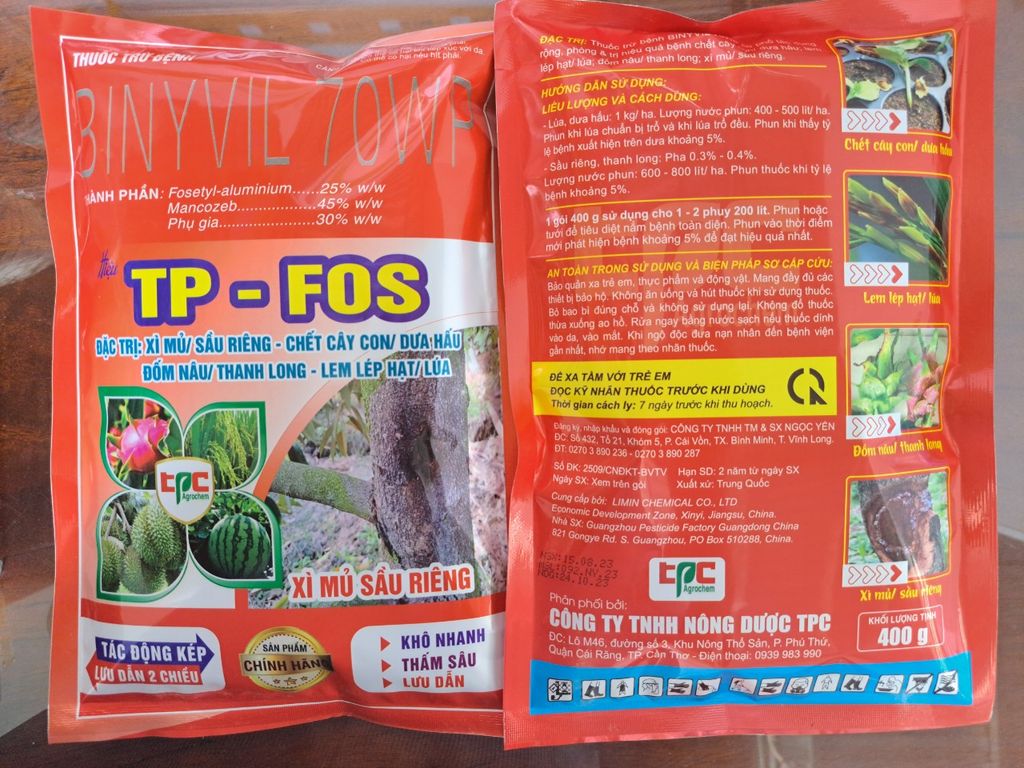 Thuốc trừ bệnh TP-FOS 400g, BINYVIL 70WP: phòng trừ nứt thân xì mủ sầu riêng, thối trái, héo rũ dưa hấu, đốm nâu thanh long, lem lép hạt lúa