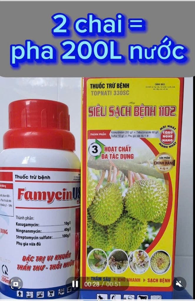 Bộ đôi đặc trị thán thư và rửa bông xoài, rửa trái xoài - rửa mắt cua, bông sầu riêng, rửa trái sầu riêng, rửa nước mưa, rửa sương muối do mưa
