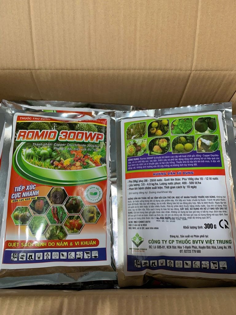 (300gam)Thuốc trừ bệnh gốc đồng Romio 300WP : Copper Oxychloride: trị rỉ sắt, nấm hồng, tảo đỏ, mốc sương, đốm lá