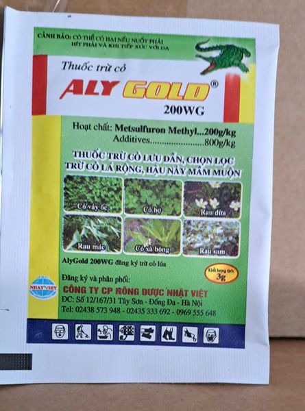 Thuốc trừ cỏ ALY GOLD 200WG (gói 3 gam): Trừ cỏ hậu nảy mầm muộn, Cỏ vảy ốc - Cỏ bợ - Rau dừa - Rau má - Cỏ xà bông - Rau sam - Rau mương - Rau sam - Bèo tây.