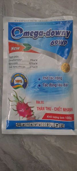 trừ nấm bệnh OMEGA-DOWNY 69WP (100g) - Dimethomorph (9%) + Mancozeb (60%): trừ thán thư, chết cây con, chết nhanh