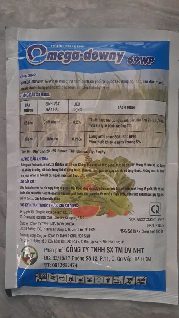 trừ nấm bệnh OMEGA-DOWNY 69WP (100g) - Dimethomorph (9%) + Mancozeb (60%): trừ thán thư, chết cây con, chết nhanh