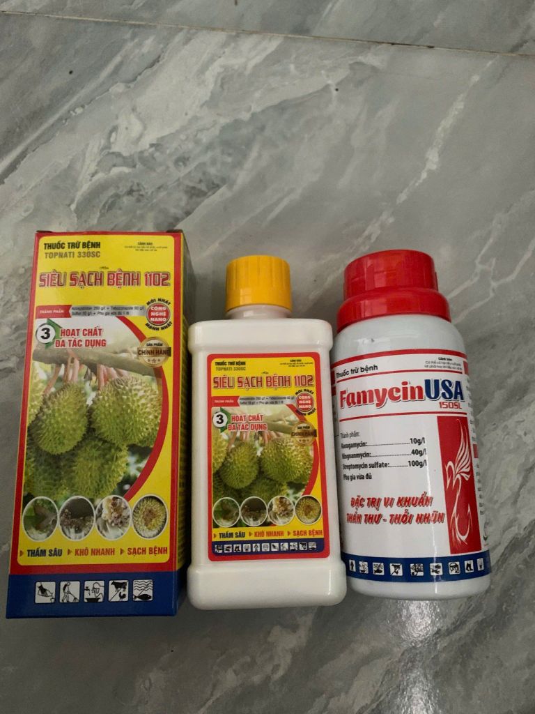 Combo (Famycin+siêu sạch bệnh 1102) thuốc phòng trừ bệnh thối cuống, thối trái, thối nhũn - bạc lá, cháy bìa lá trên cây ăn trái, trên sầu riêng