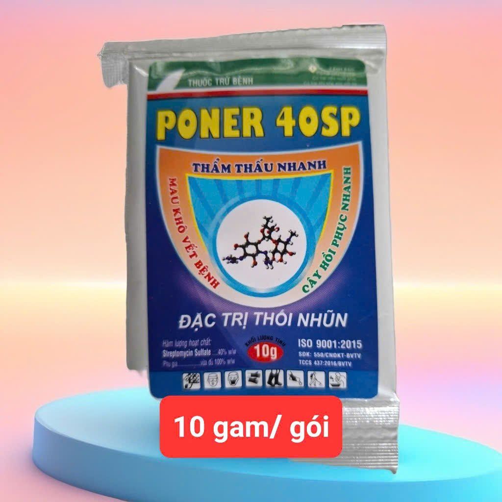 (gói 10gam) Gói poner 40sp chứa Streptomycine 400g/kg, Quản lý thối nhũn, thối rễ, thối thân, thối trái, cháy lá